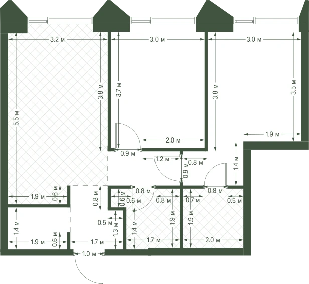 Планировка: 2-комнатная, 57 м²