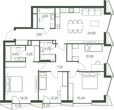 Планировка: 4-комнатная, 113,4 м²