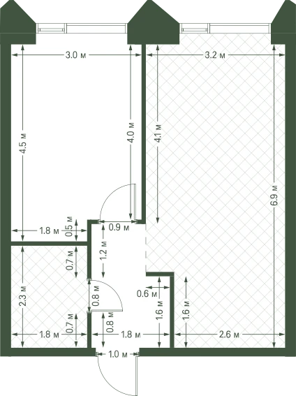 Планировка: 1-комнатная, 43 м²