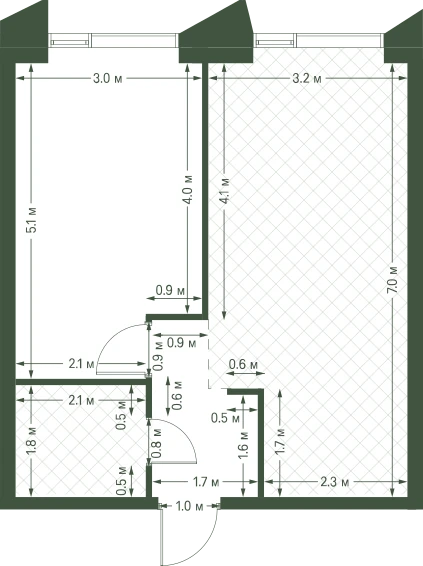 Планировка: 1-комнатная, 43,1 м²