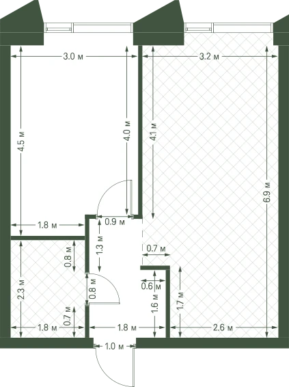 Планировка: 1-комнатная, 42,3 м²