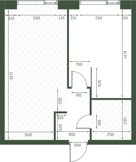 Планировка: 1-комнатная, 44,8 м²