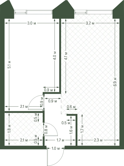 Планировка: 1-комнатная, 43,1 м²