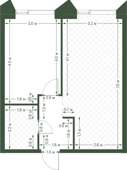 Планировка: 1-комнатная, 43 м²