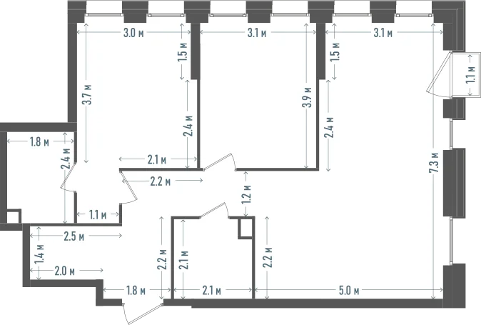 Планировка: 2-комнатная, 76,6 м²