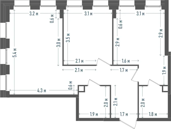 Планировка: 2-комнатная, 60,6 м²