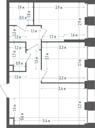 Планировка: 2-комнатная, 54,4 м²
