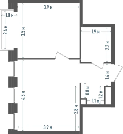Планировка: 1-комнатная, 42,9 м²