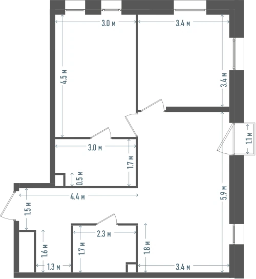 Планировка: 2-комнатная, 63,6 м²