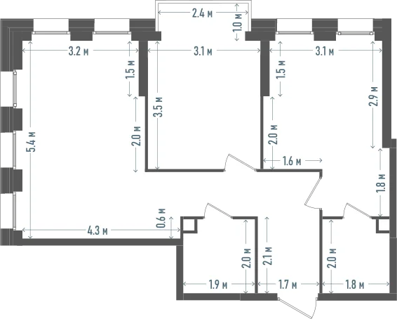 Планировка: 2-комнатная, 62,1 м²