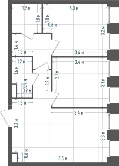 Планировка: 2-комнатная, 56,5 м²