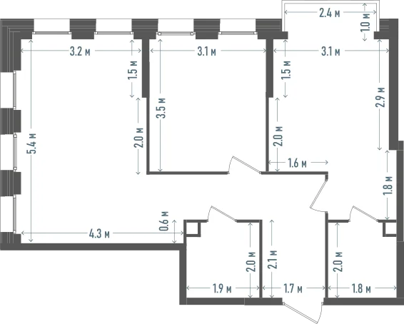 Планировка: 2-комнатная, 62,8 м²