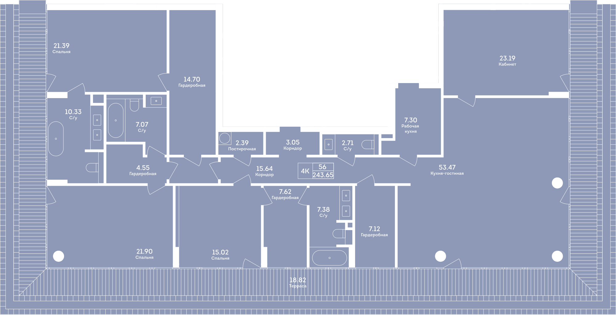 Планировка: 4-комнатная, 243,6 м²