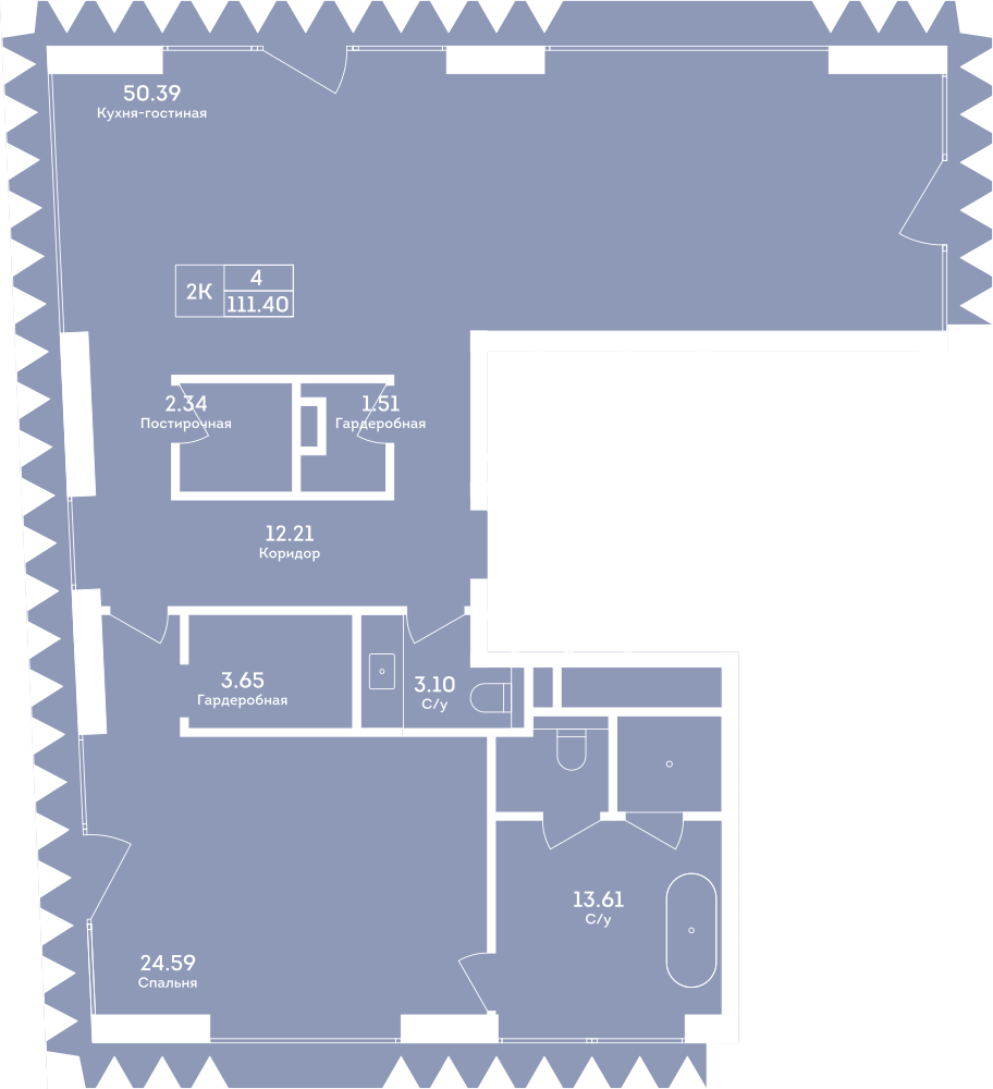 Планировка: 2-комнатная, 111,4 м²