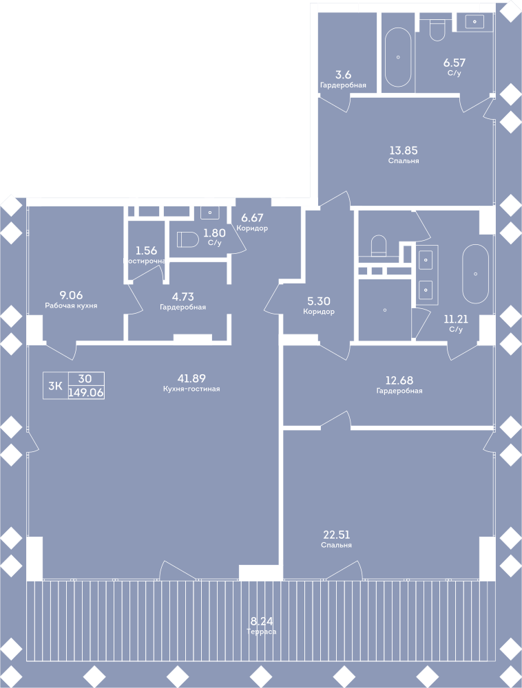 Планировка: 3-комнатная, 149 м²