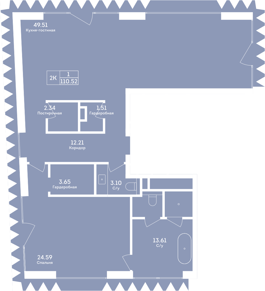 Планировка: 2-комнатная, 110,5 м²