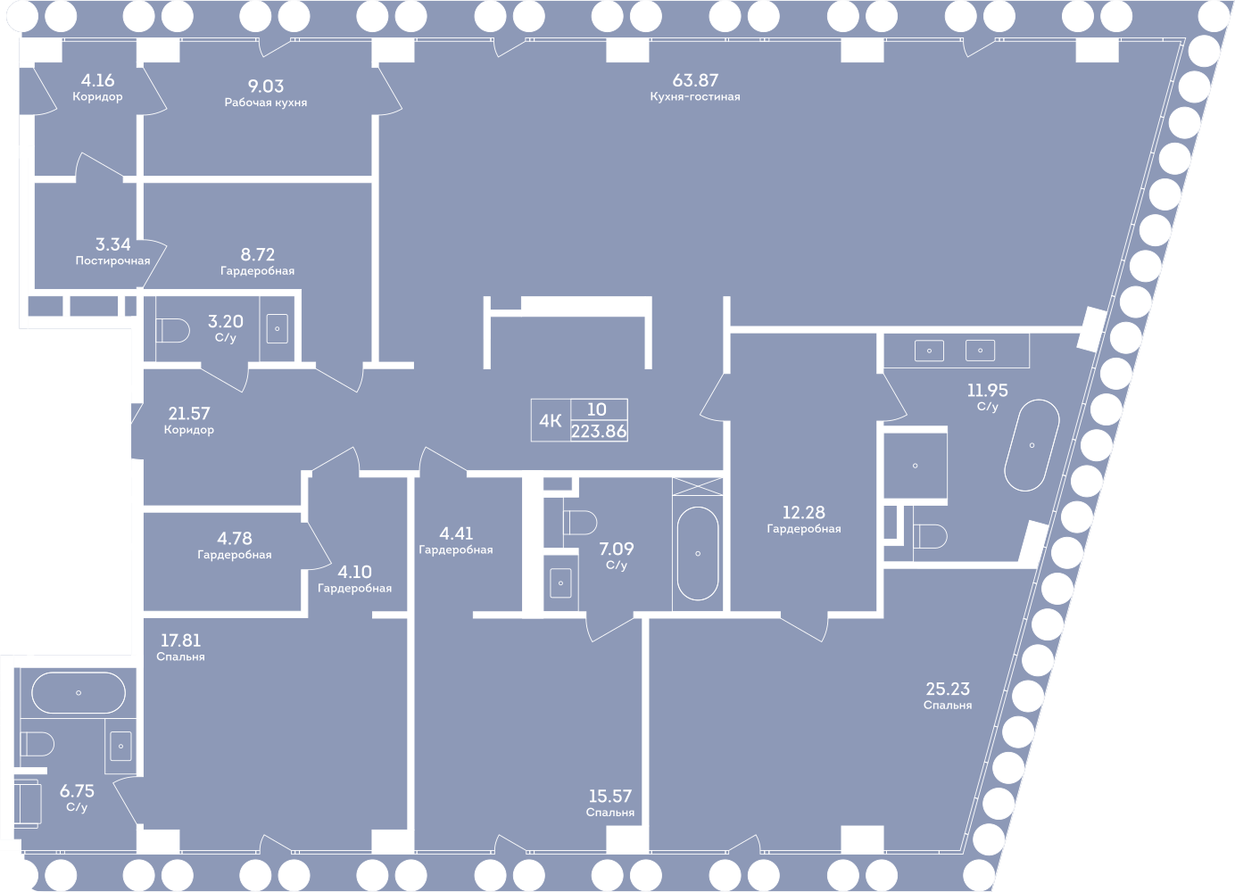 Планировка: 4-комнатная, 223,8 м²