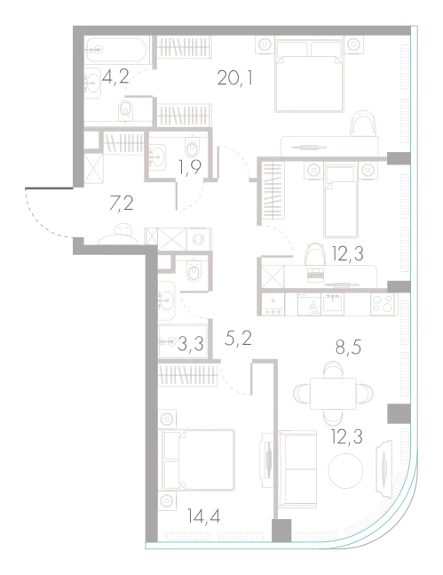 Планировка: 3-комнатная, 89,4 м²