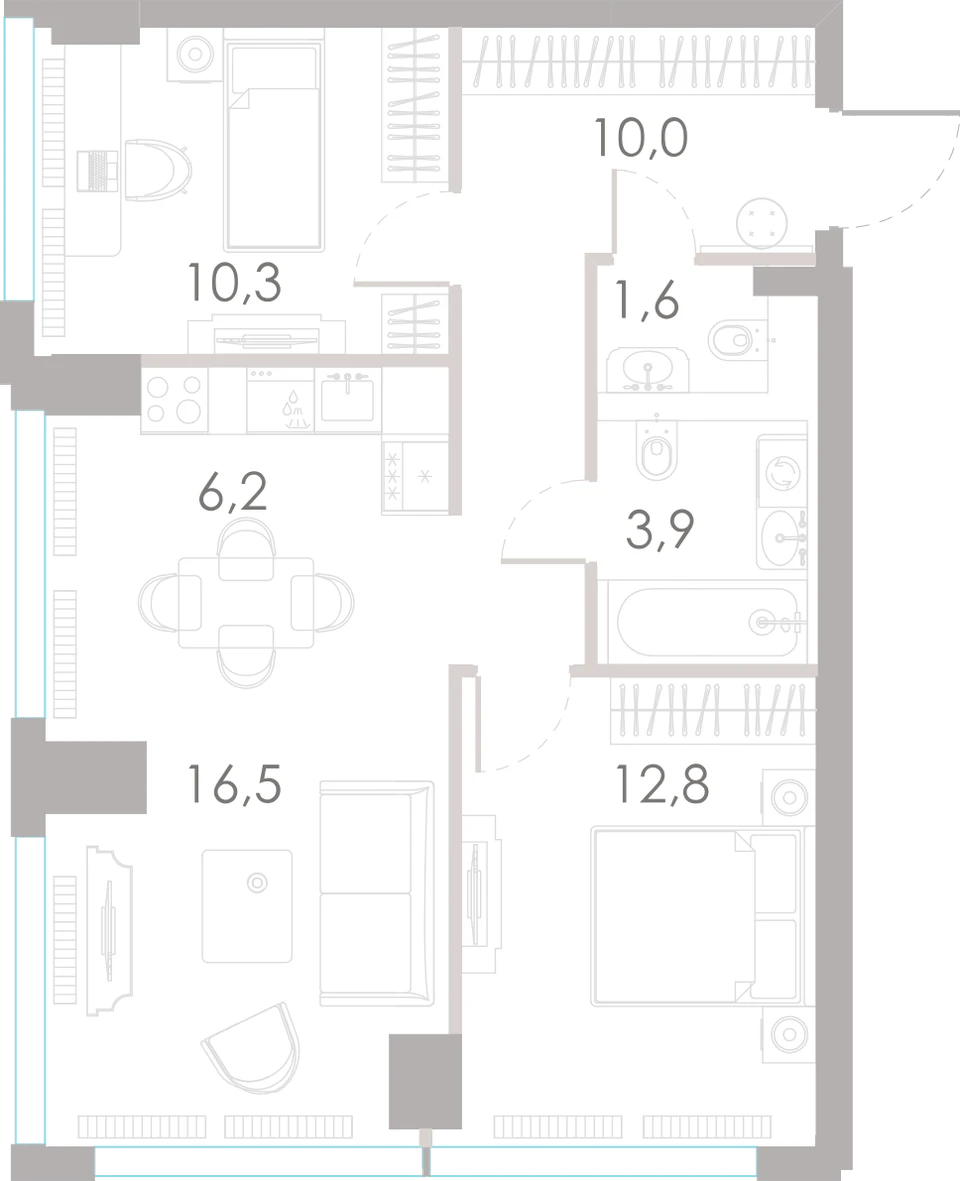Планировка: 2-комнатная, 61,3 м²