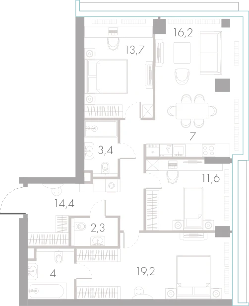 Планировка: 3-комнатная, 91,8 м²