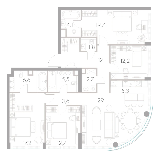 Планировка: 4-комнатная, 132,4 м²