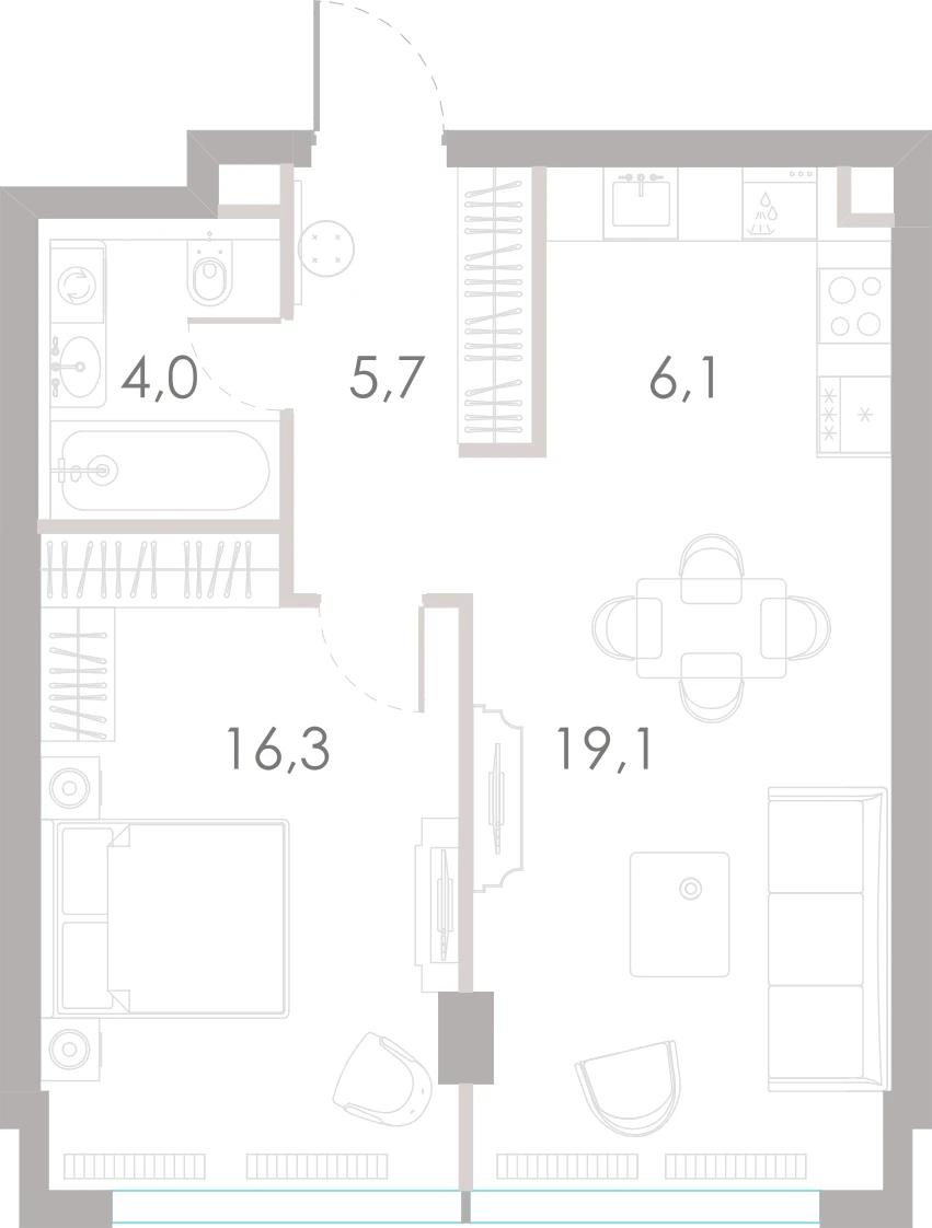 Планировка: 1-комнатная, 51,2 м²