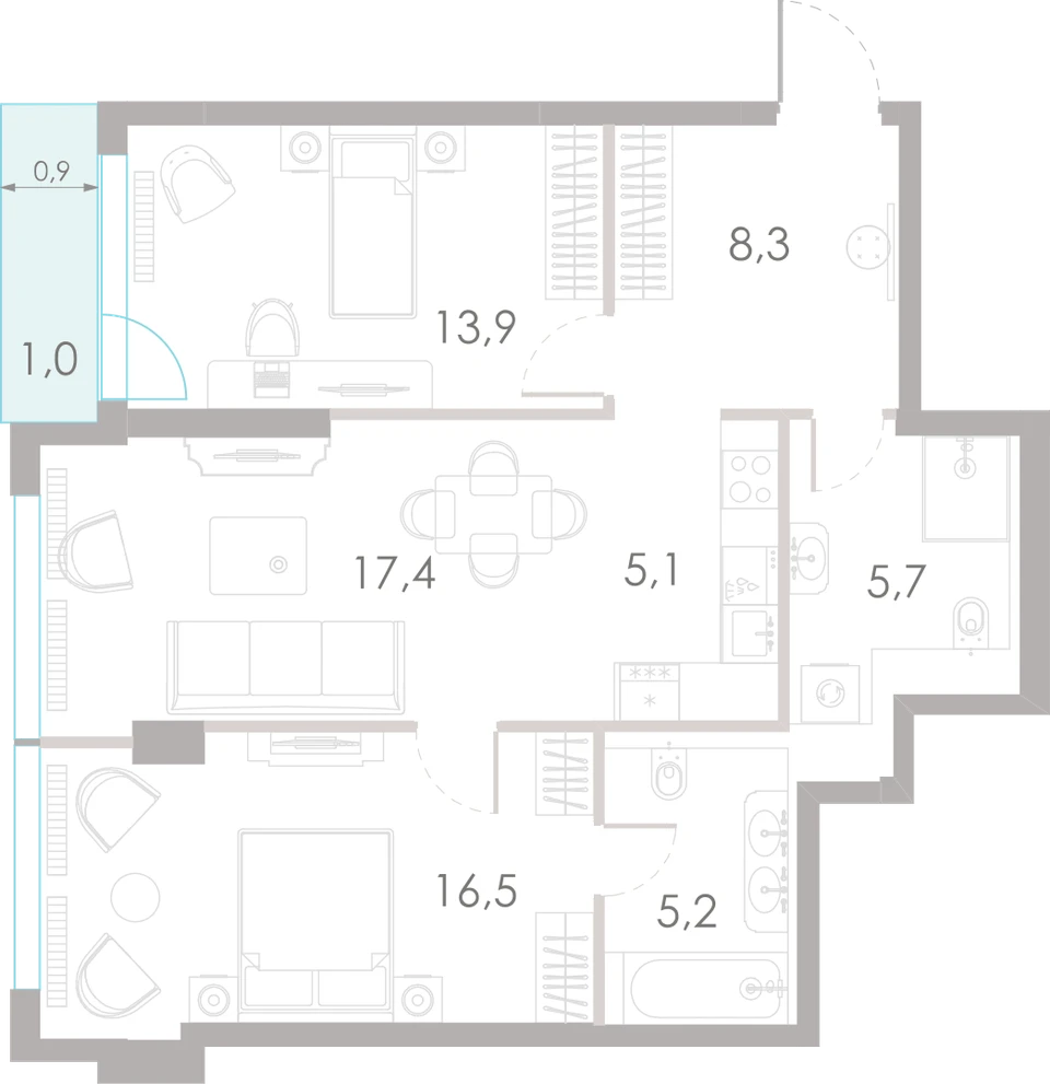 Планировка: 2-комнатная, 73,1 м²