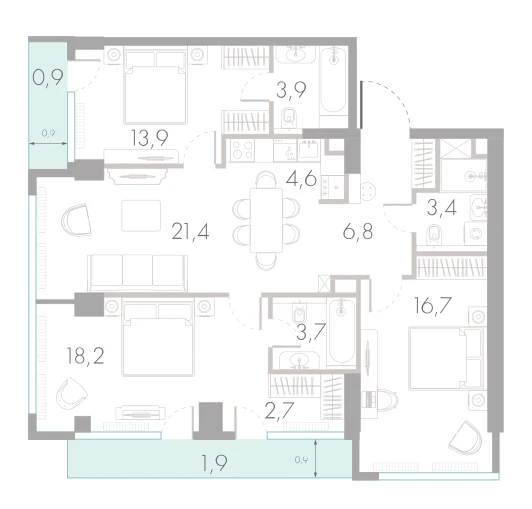 Планировка: 3-комнатная, 98,1 м²