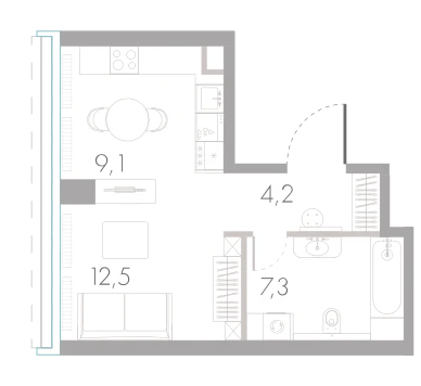 Планировка: Студия, 33,1 м²