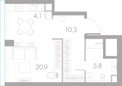 Планировка: Студия, 41,1 м²
