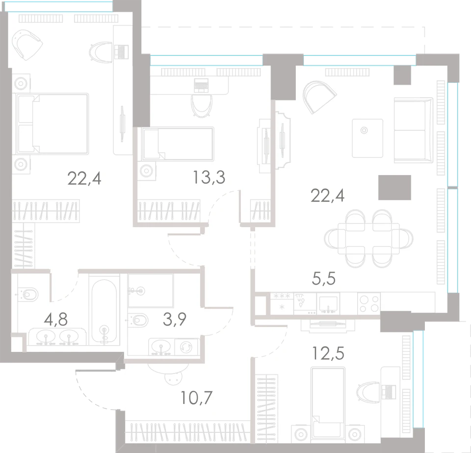 Планировка: 3-комнатная, 95,5 м²