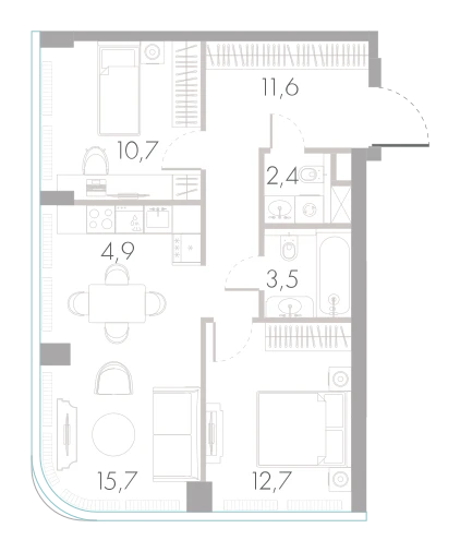 Планировка: 2-комнатная, 61,5 м²