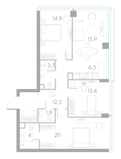 Планировка: 3-комнатная, 92,4 м²