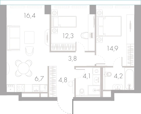 Планировка: 2-комнатная, 67,2 м²