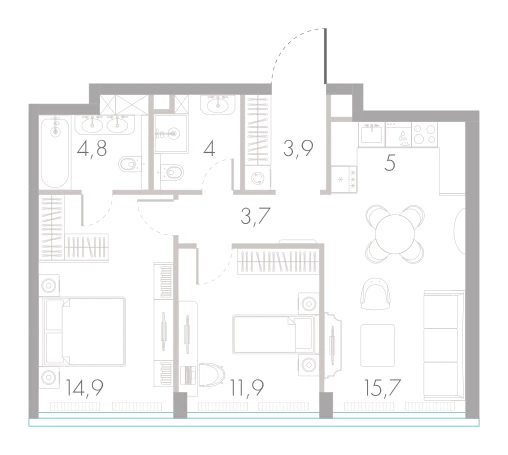 Планировка: 2-комнатная, 63,9 м²