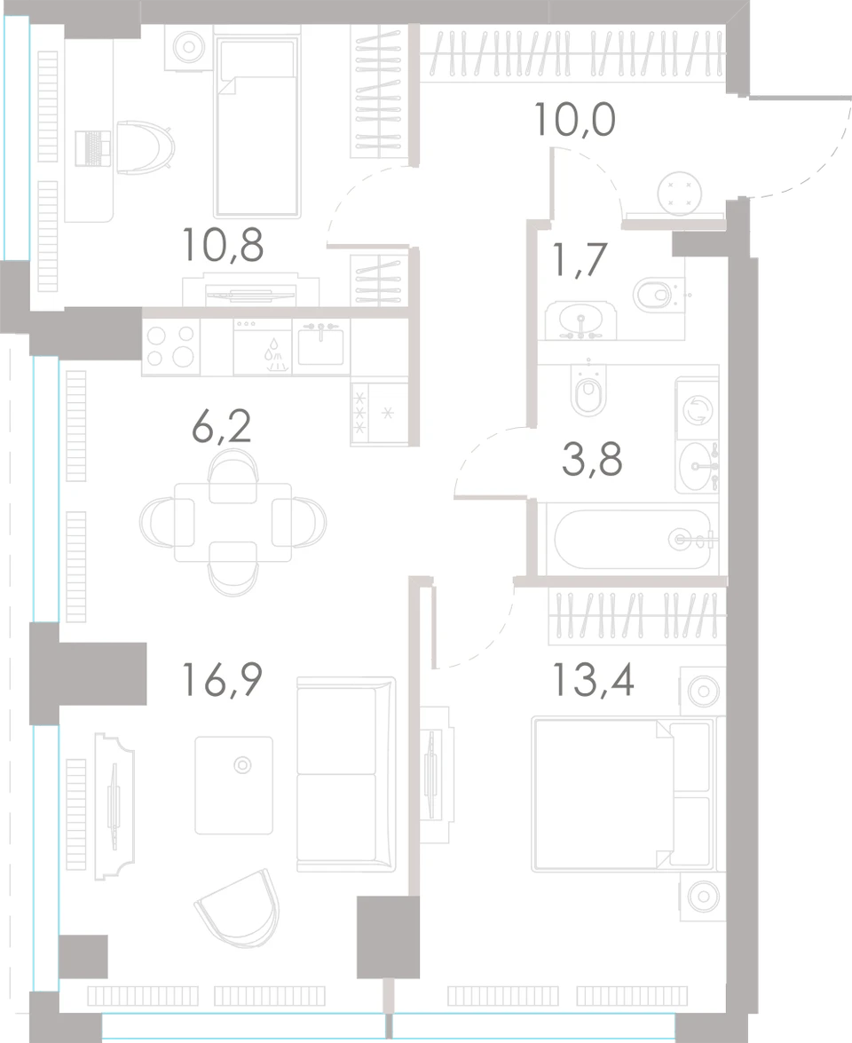 Планировка: 2-комнатная, 62,8 м²