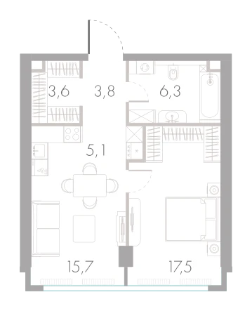 Планировка: 1-комнатная, 52 м²
