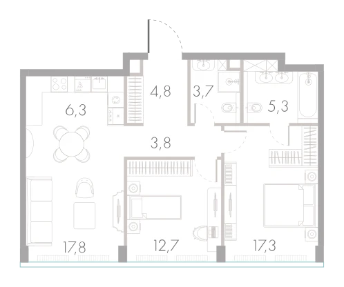 Планировка: 2-комнатная, 71,7 м²