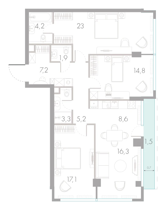 Планировка: 3-комнатная, 103,1 м²