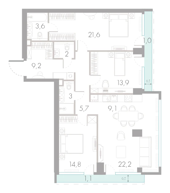 Планировка: 3-комнатная, 107,2 м²