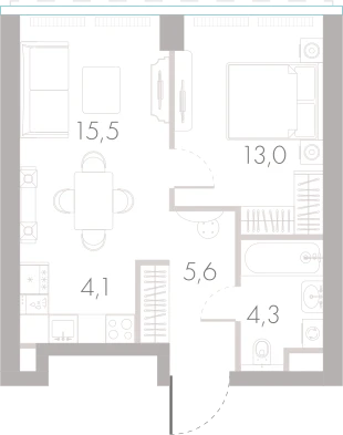 Планировка: 1-комнатная, 42,1 м²