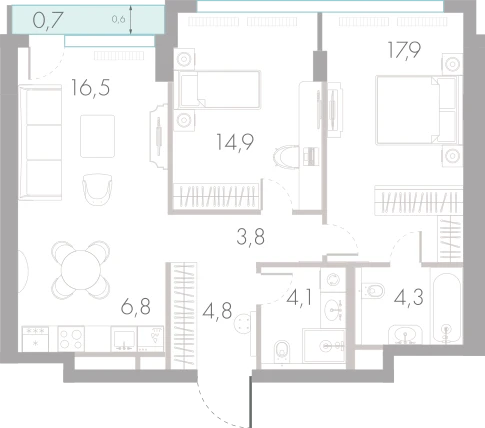 Планировка: 2-комнатная, 73,8 м²
