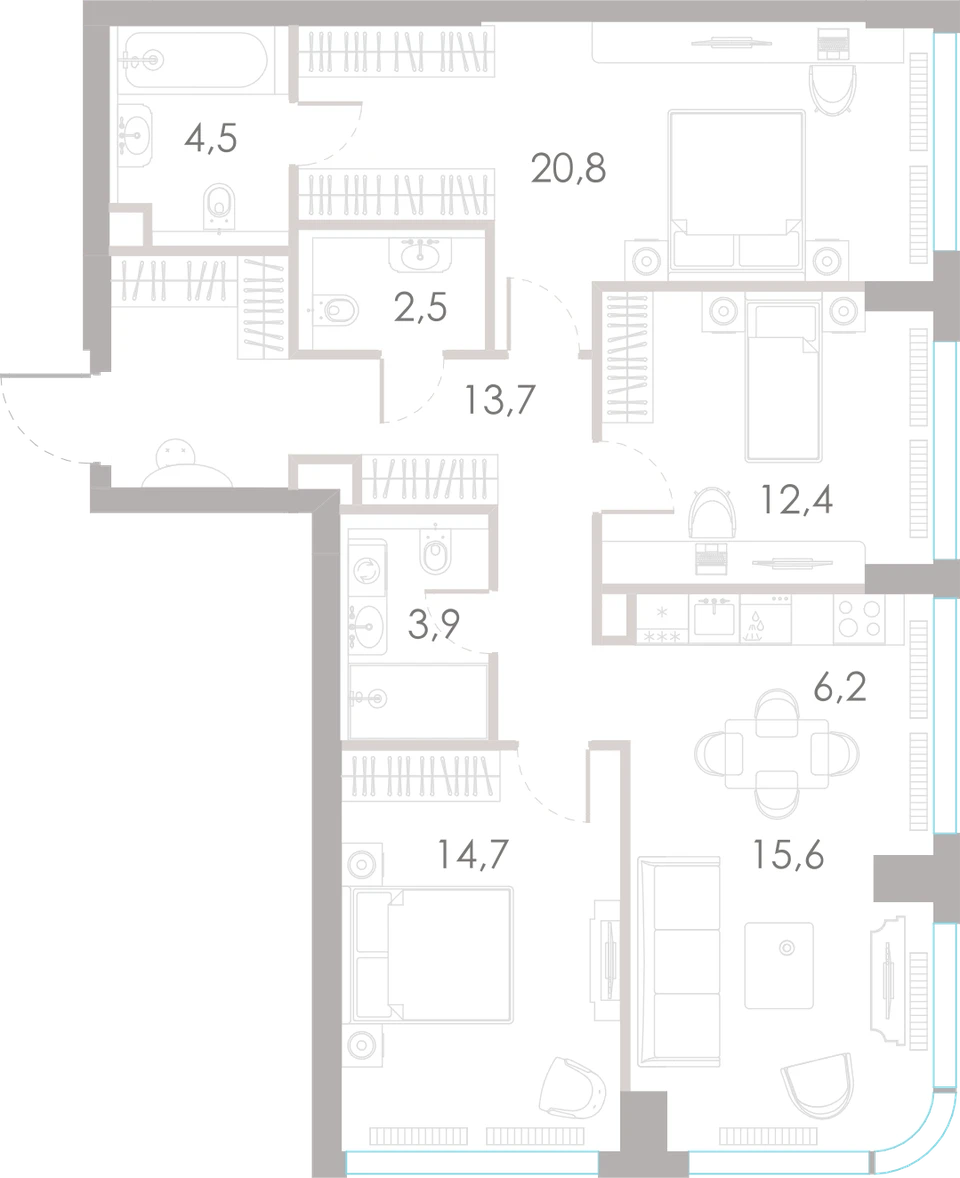 Планировка: 3-комнатная, 94,3 м²