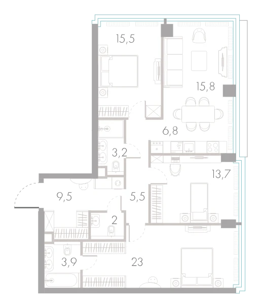 Планировка: 3-комнатная, 98,9 м²