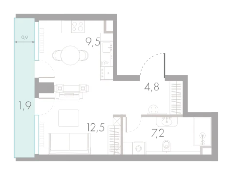 Планировка: Студия, 35,9 м²