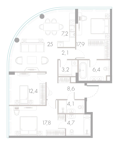 Планировка: 3-комнатная, 109,4 м²