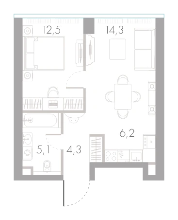 Планировка: 1-комнатная, 42,4 м²