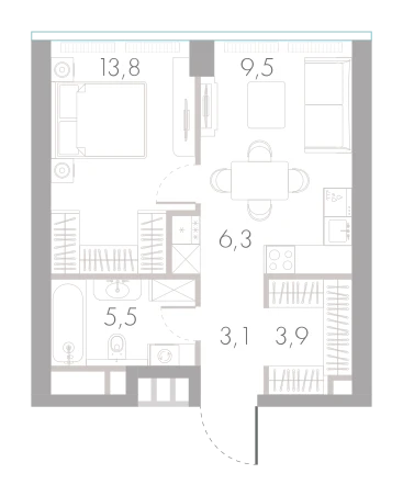 Планировка: 1-комнатная, 42,1 м²