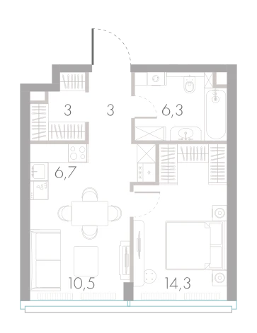 Планировка: 1-комнатная, 43,8 м²