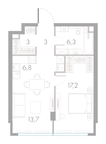 Планировка: 1-комнатная, 50 м²